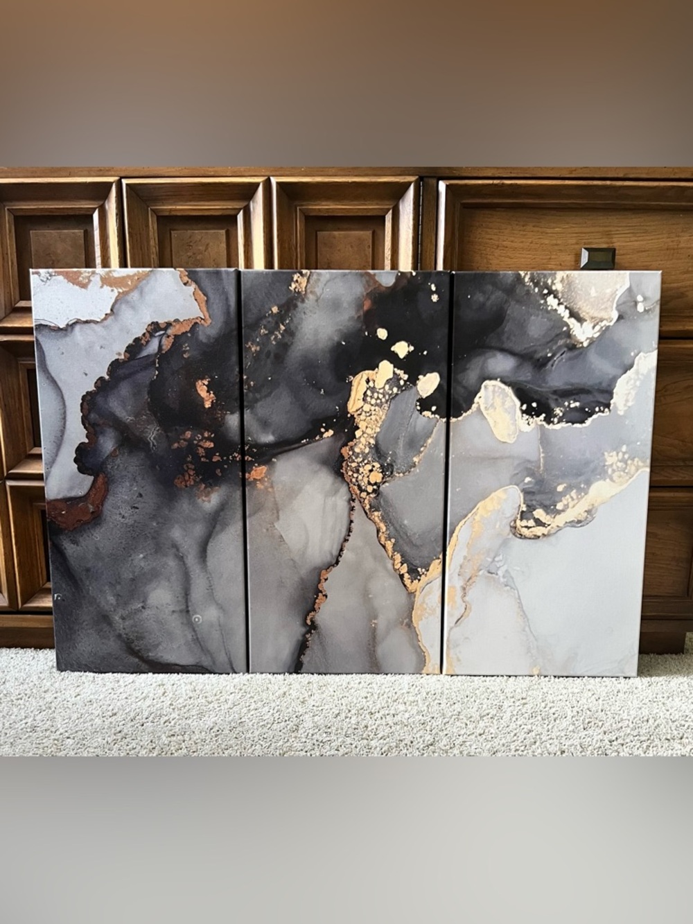 Abstract Contemporary Three Panel Canvas Print in Black, Gray + Gold